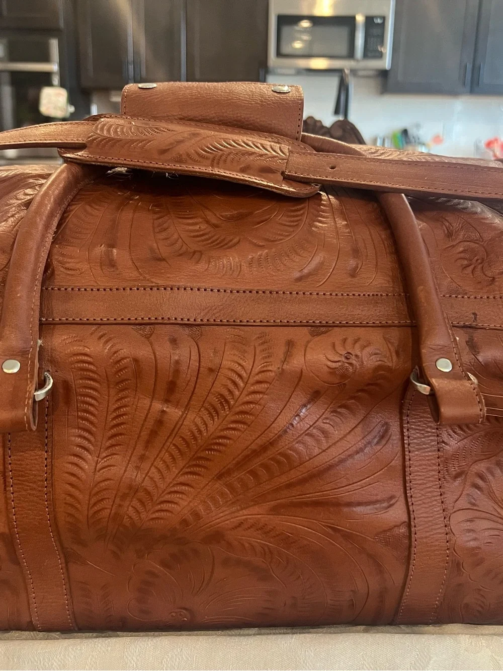 American West Tooled Leather Duffel Bag in Chestnut Brown